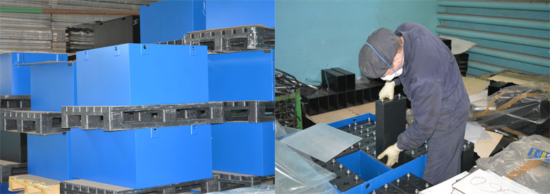 Рисунок 4. Кислотостойкие короба тяговых АКБ (слева), монтаж элементов тяговых аккумуляторов в кислотостойкий короб (справа)